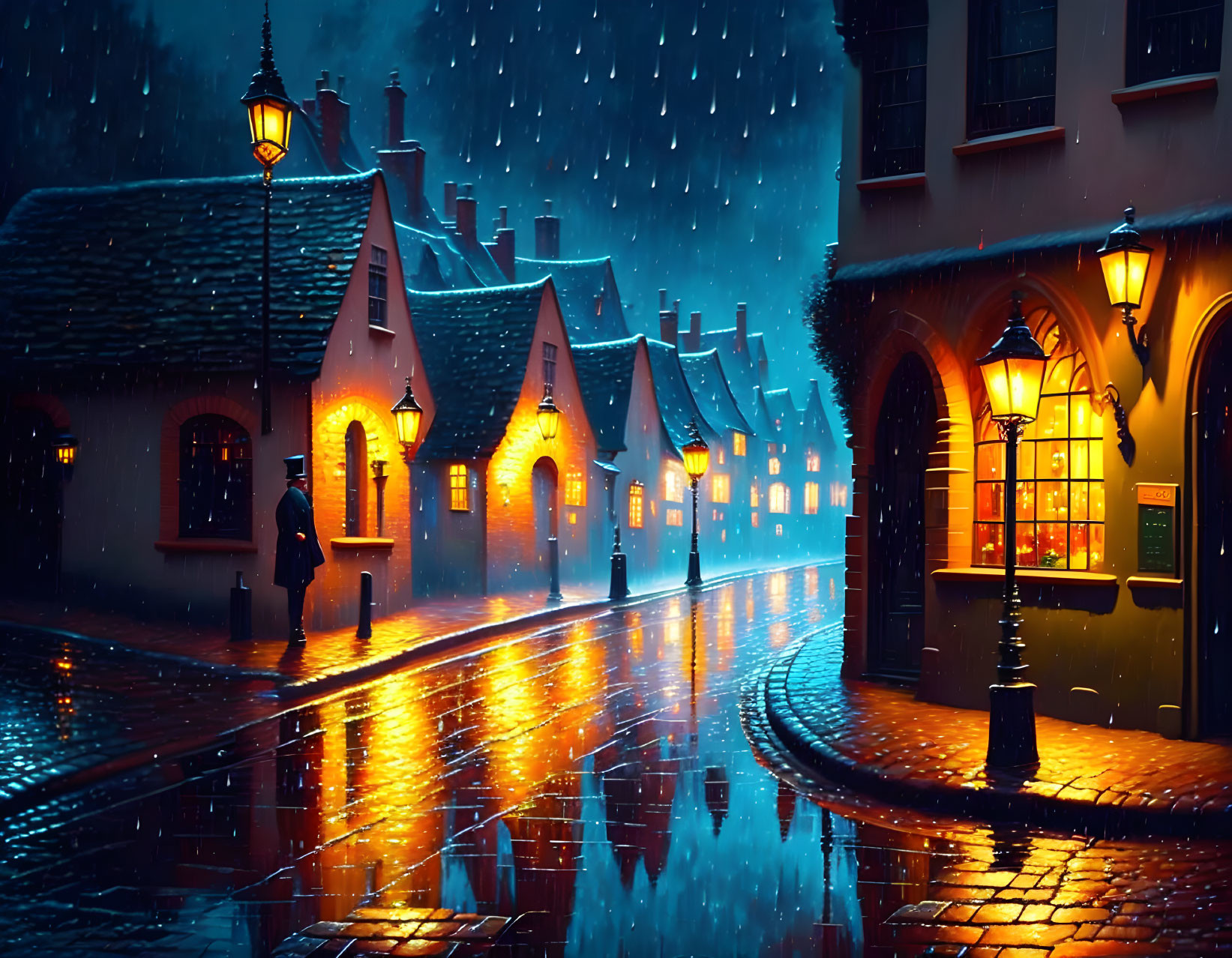 Rainy evening on cobblestone street with old-style houses and warm street lamps, person under aw