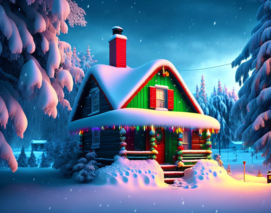 Snow-covered log cabin with Christmas lights in serene snowy landscape