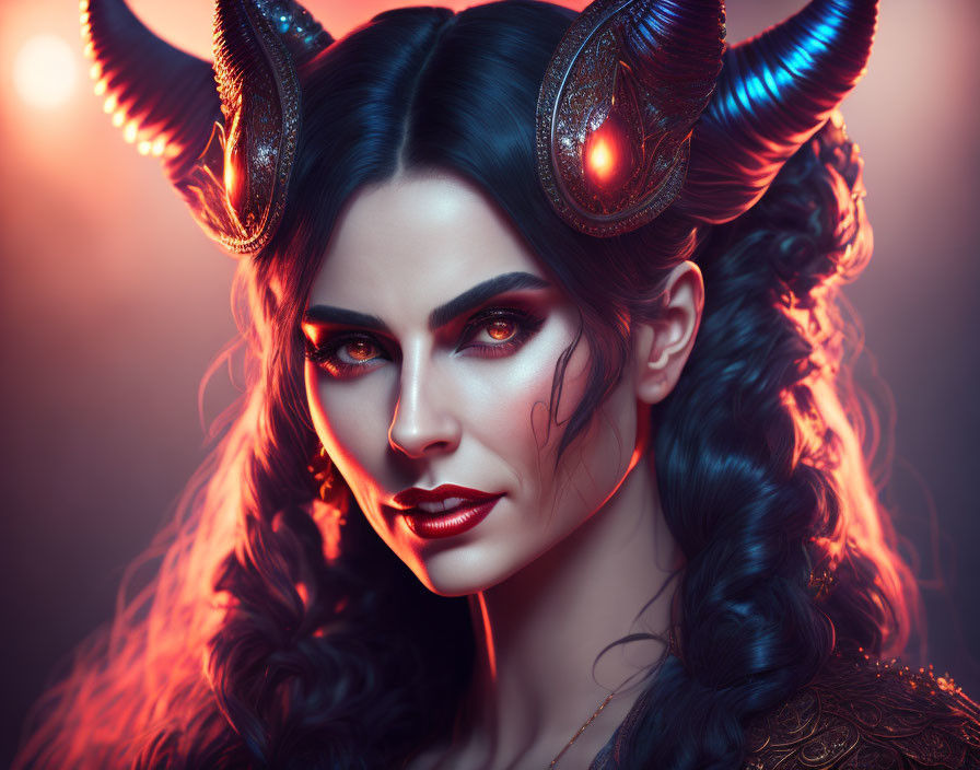 Dark-haired woman with horns and glowing eyes in fantasy makeup against red backdrop.