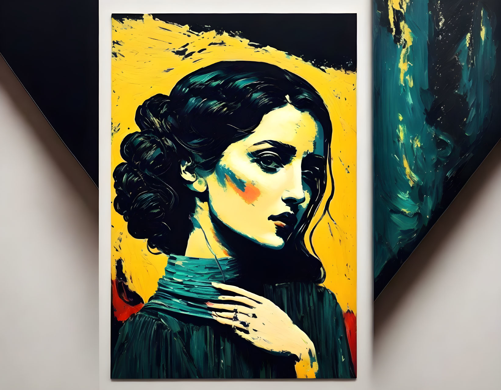 Portrait painting of woman with dark hair on vibrant yellow and black background