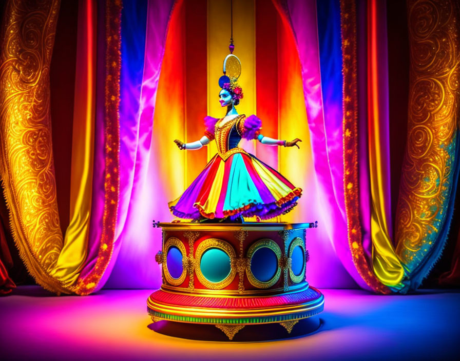 Colorful character in elaborate costume dances on vibrant theatrical stage