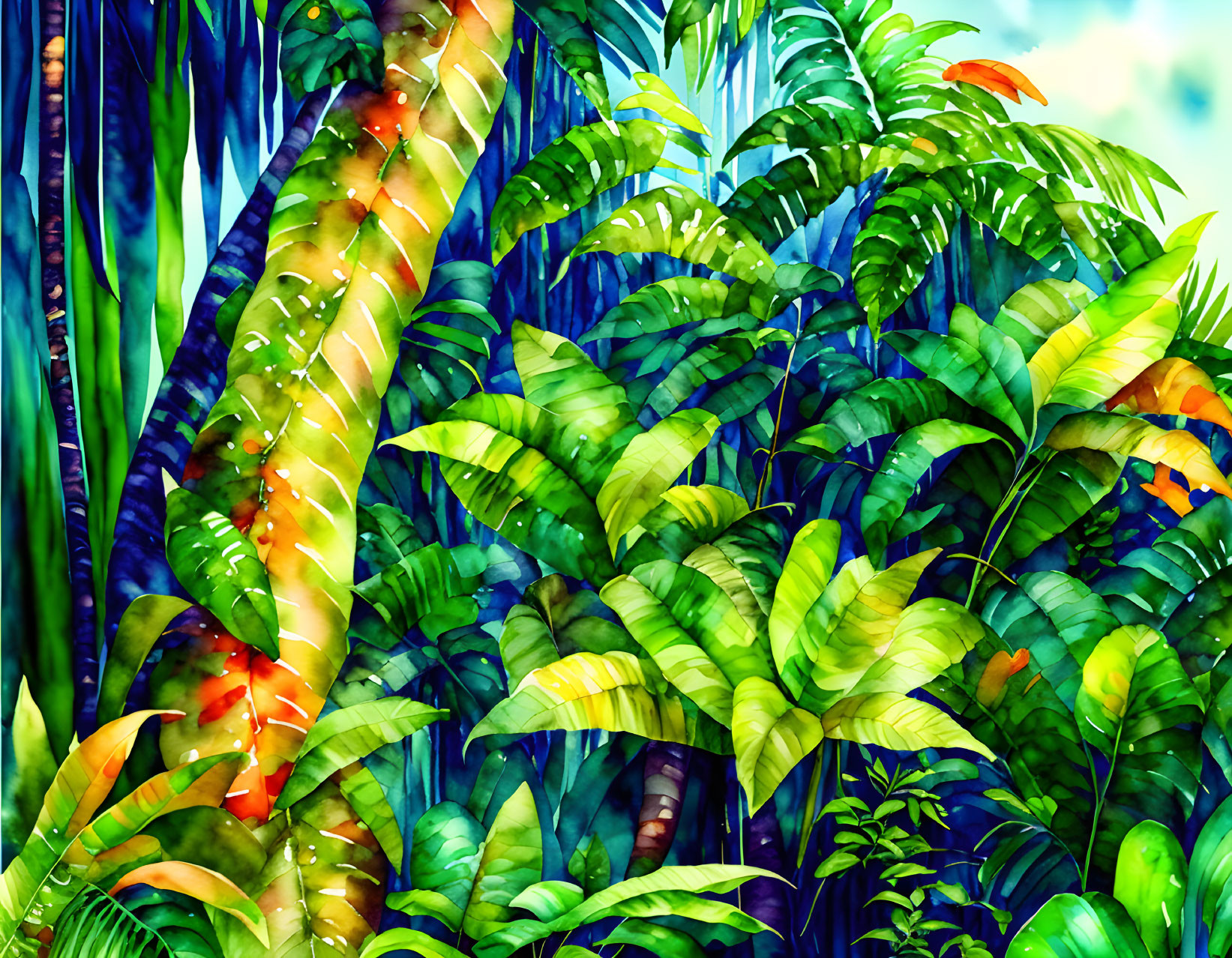 Lush Jungle Scene with Vibrant Green and Yellow Leaves