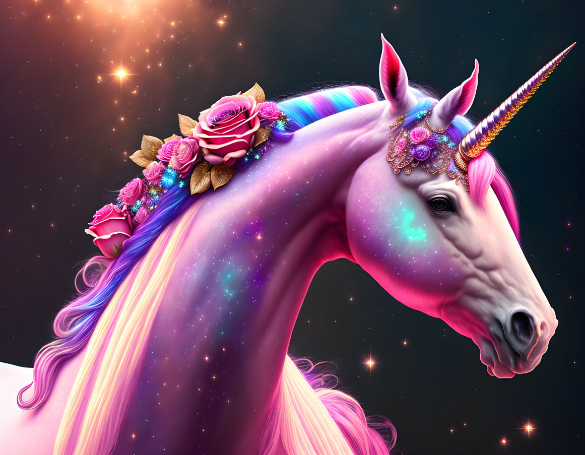 Colorful Unicorn Artwork with Rainbow Mane and Floral Adornments