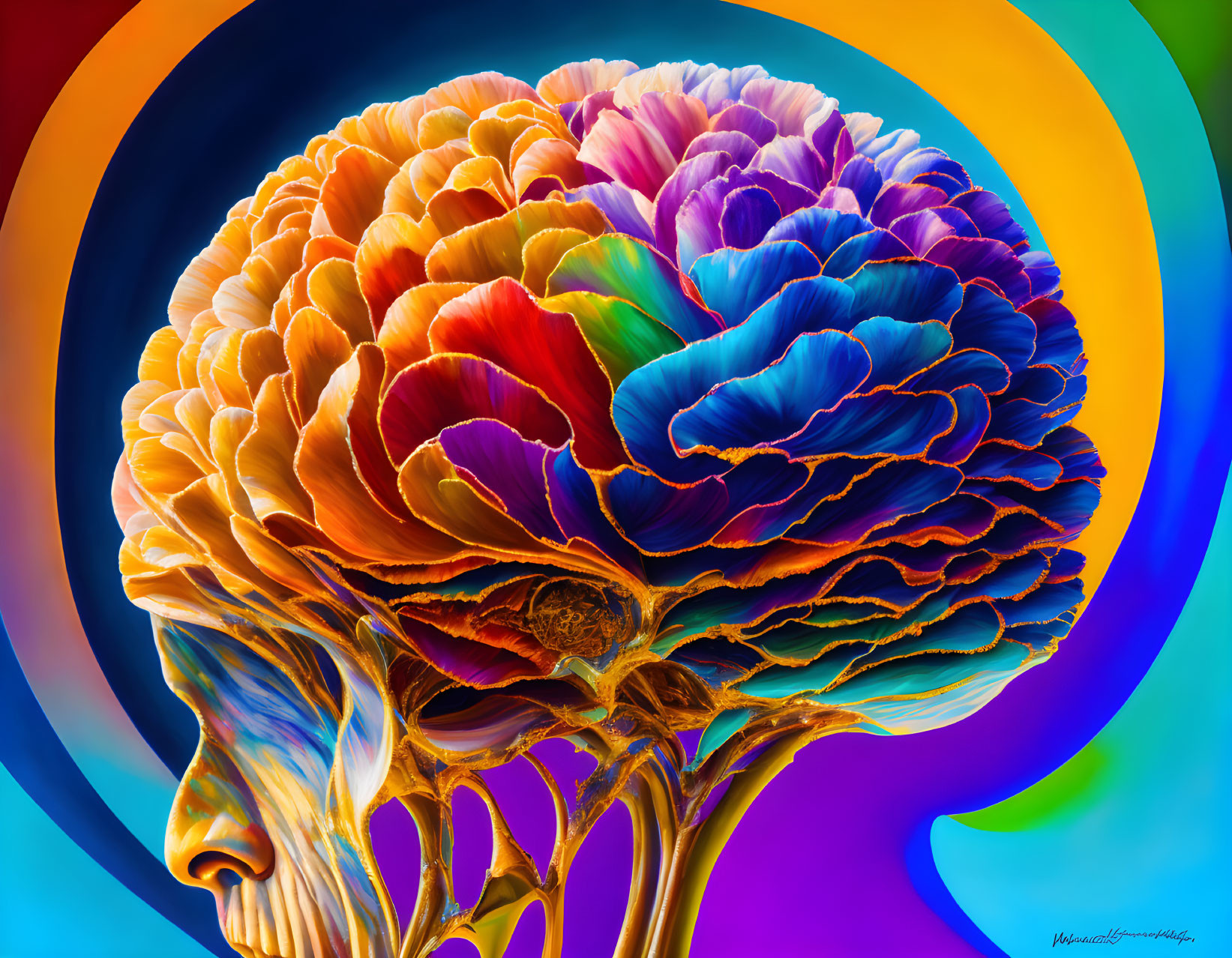 Colorful Floral Brain Skull Art on Rainbow Background