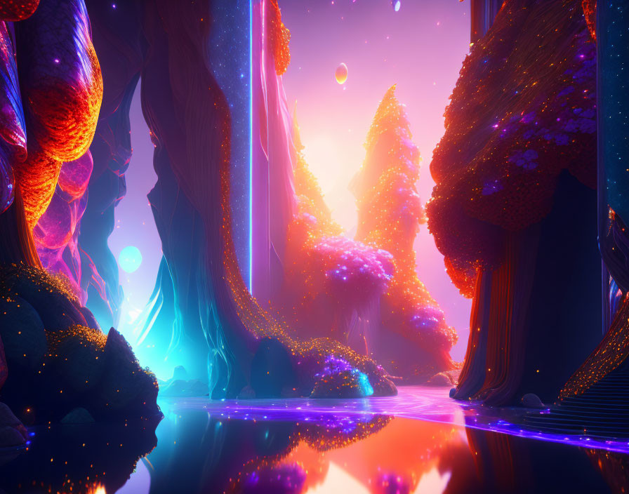 Colorful Neon Landscape with Fantastical Trees and Ethereal Water