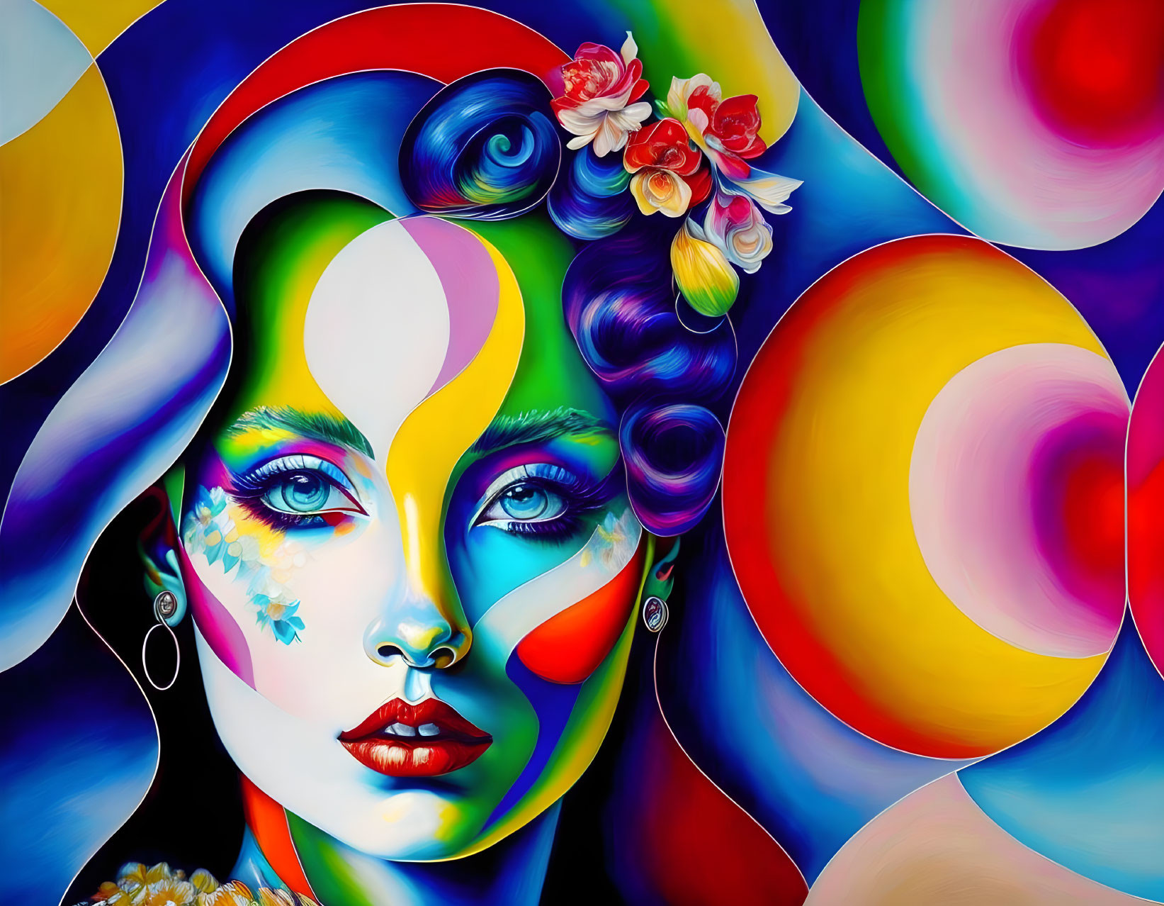 Vibrant abstract art: woman's face with swirls, florals, patterns