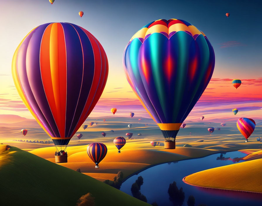 Colorful hot air balloons over picturesque landscape at sunrise or sunset