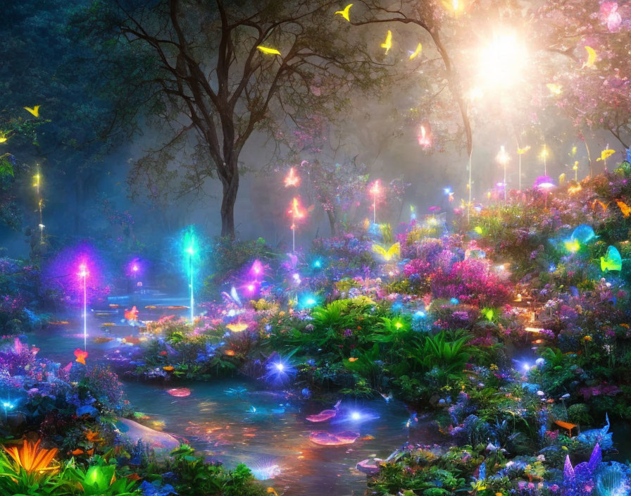 Vibrant forest scene with colorful butterflies and mystical light