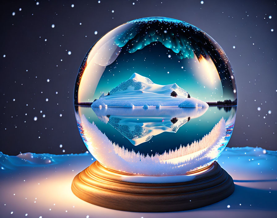 Snow globe on wooden base with winter scene and iceberg reflection under starry sky.