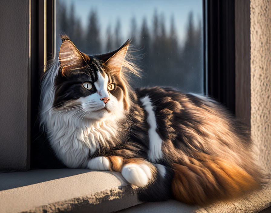 Long-haired cat relaxing on sunlit windowsill with forest backdrop