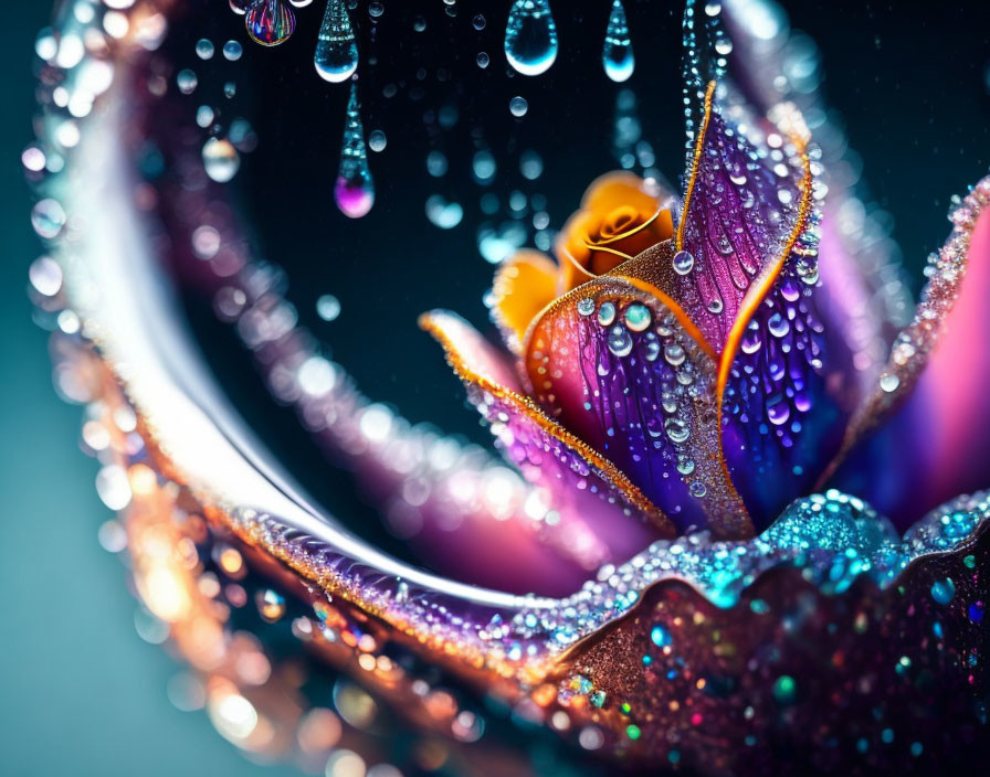 Vibrant dew-covered flower with shimmering water droplets and sparkles