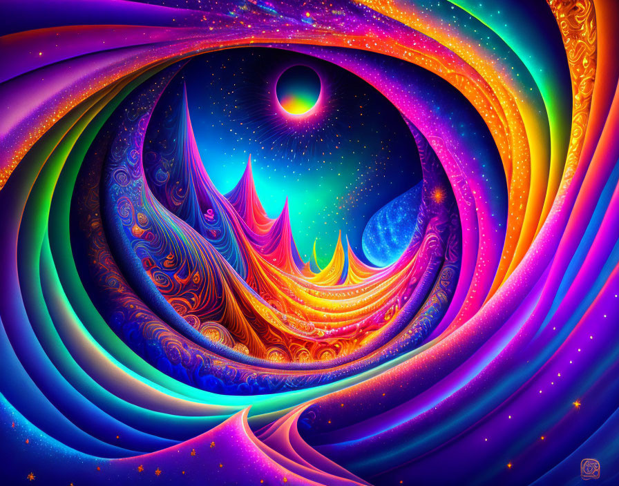 Colorful Psychedelic Digital Artwork of Swirling Cosmic Scene