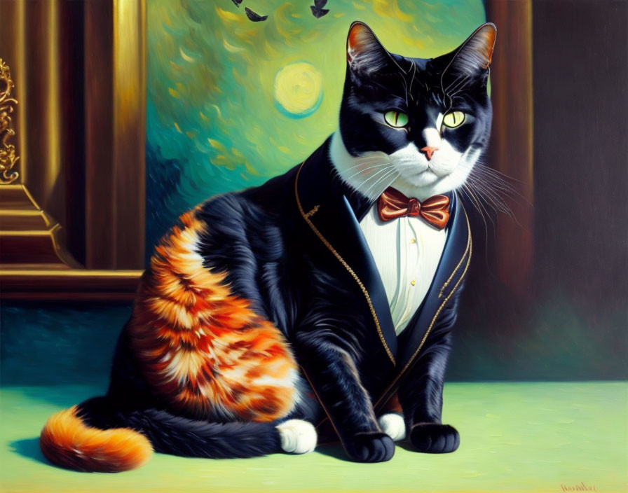 Black and white cat with orange tail in tuxedo and bow tie against crescent moon backdrop