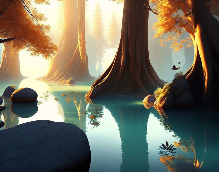 Tranquil autumn forest scene with reflective water and lone figure in canoe