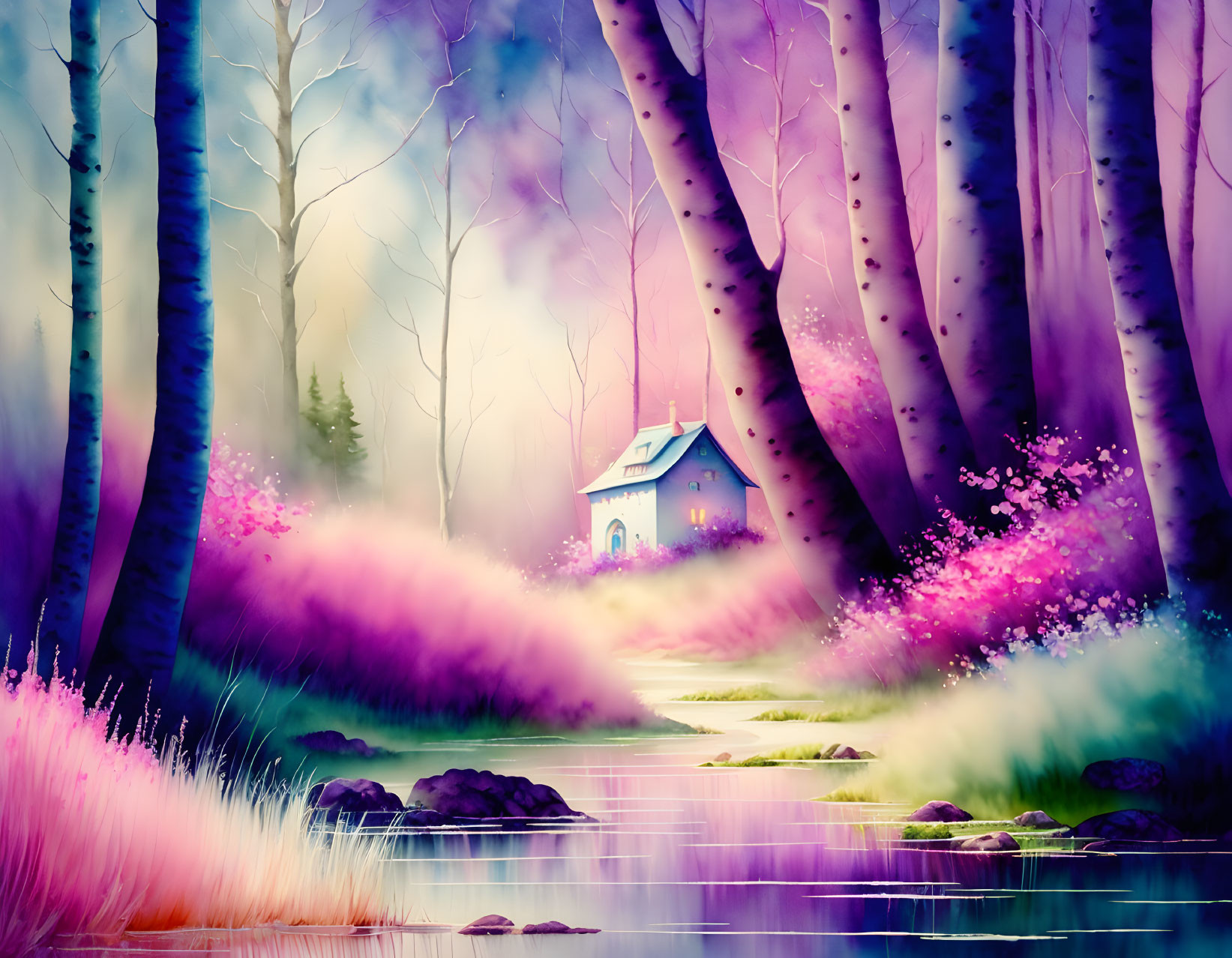 Colorful whimsical forest with small house and stream