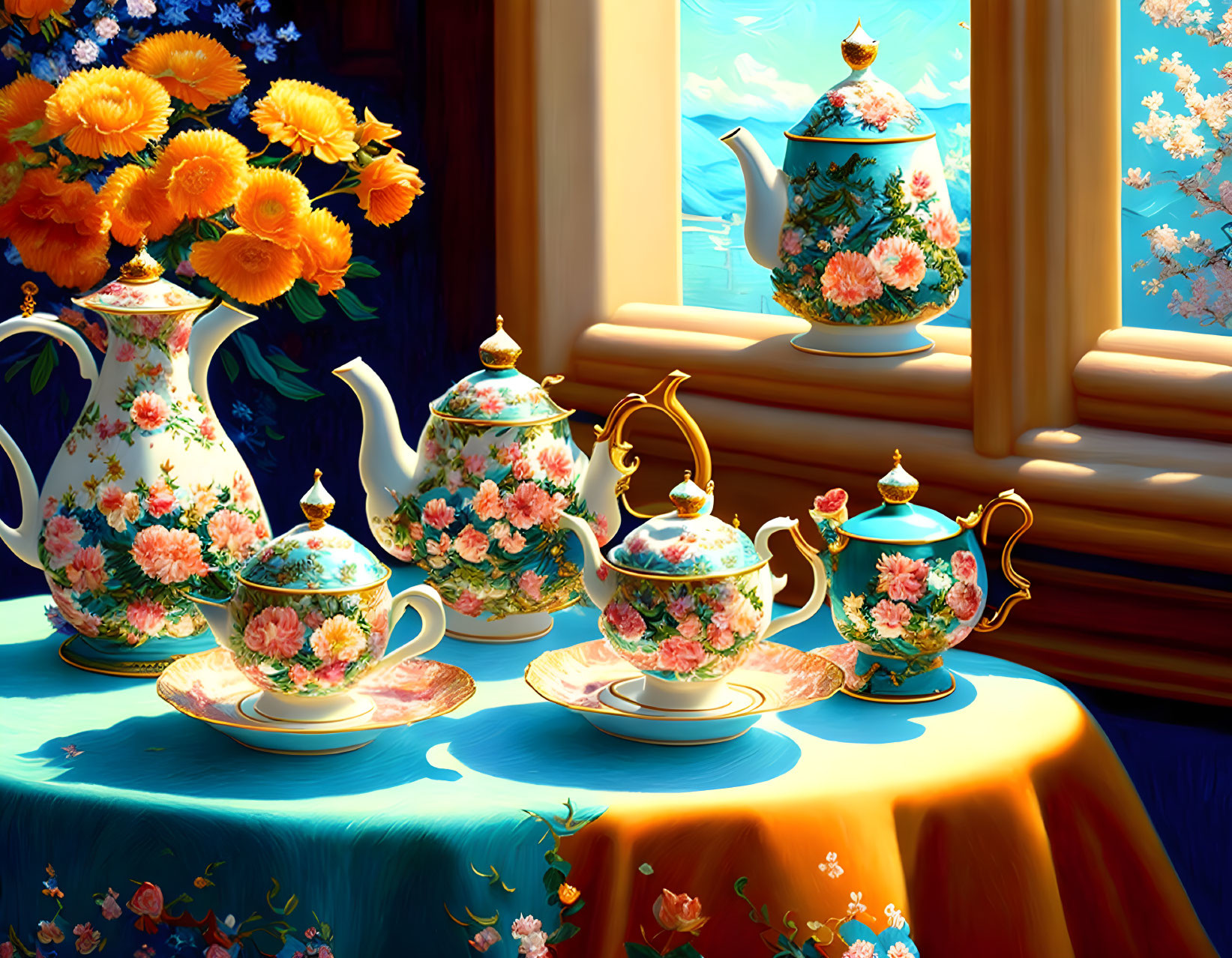 Colorful floral porcelain tea set on table near sunny window