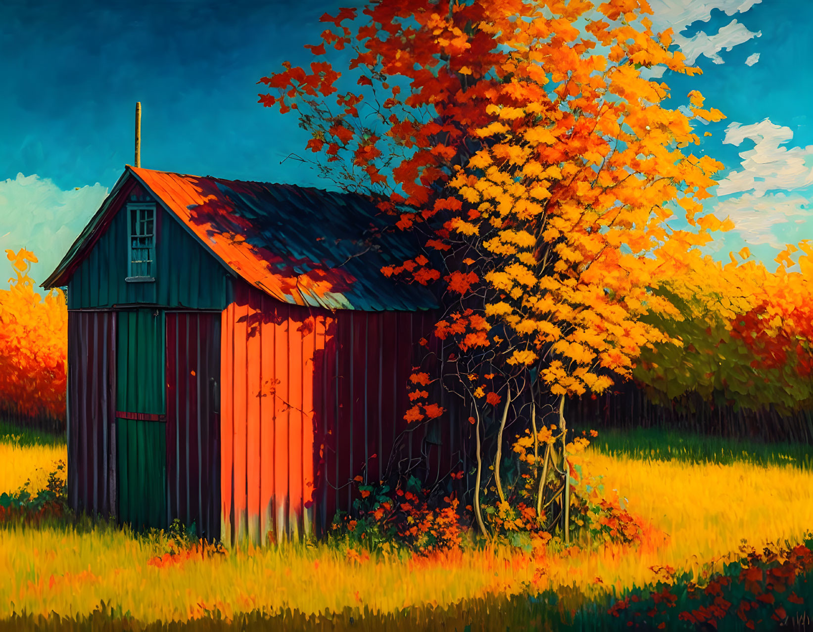 Colorful Autumn Landscape with Red Shed in Vibrant Painting