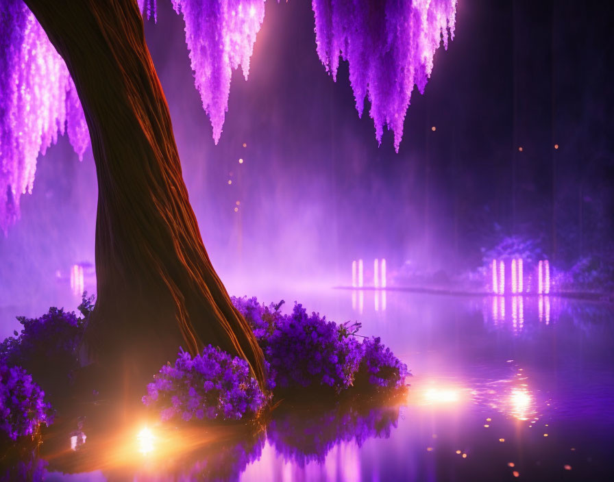 Enchanting purple-lit forest with glowing waters and lavender crystals