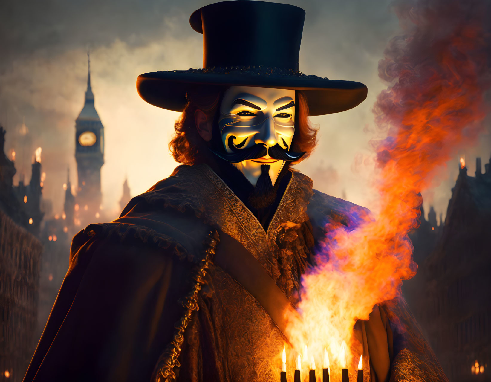 Masked Person in Top Hat and Cape with Big Ben and Fire Background