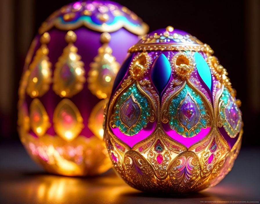 Colorful ornate eggs with intricate designs on reflective surfaces