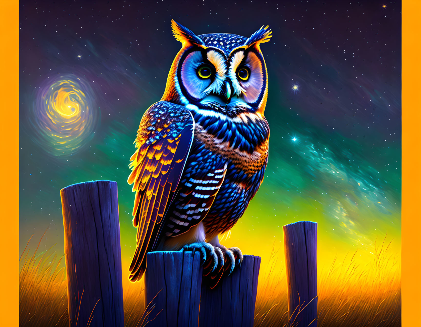 Colorful Owl Artwork Perched on Fence Post Under Starry Sky