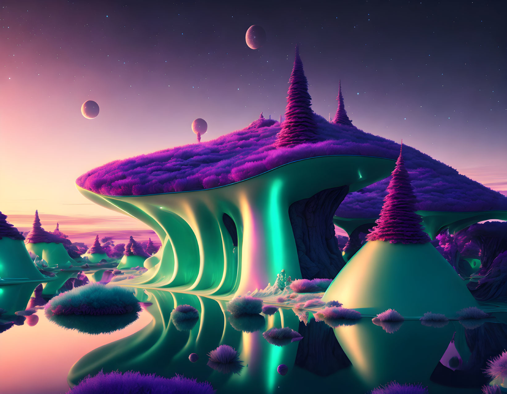 Surreal landscape with mushroom-like structures and multiple moons