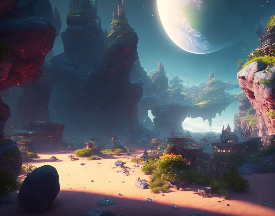 Mystical landscape with towering rocks, traditional buildings, large moon, and glowing particles.