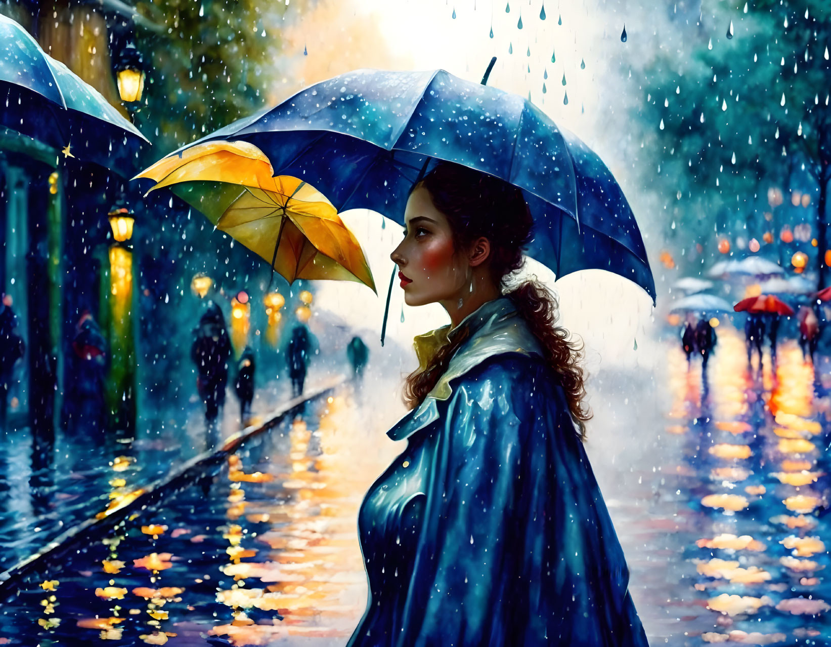 Woman with yellow umbrella on rain-soaked city street at night