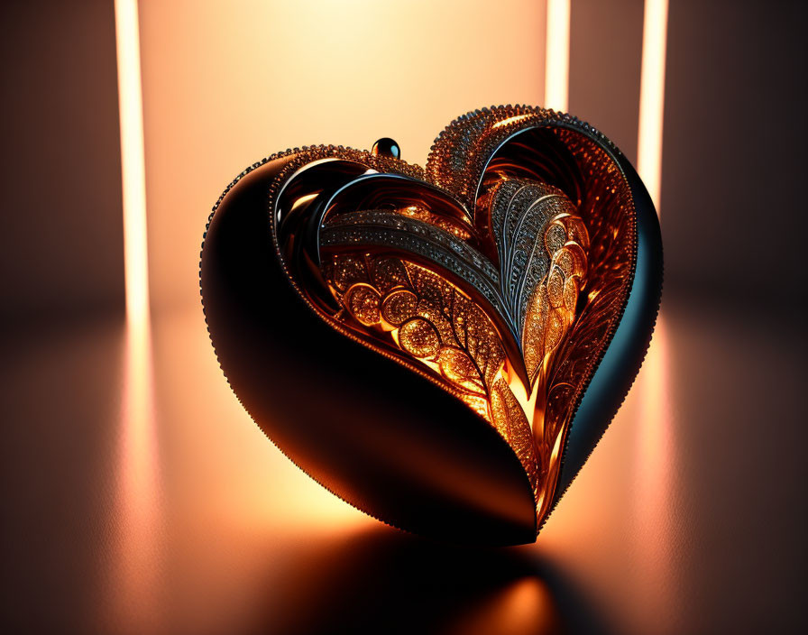 Intricate 3D-rendered heart with paisley patterns and warm glow.