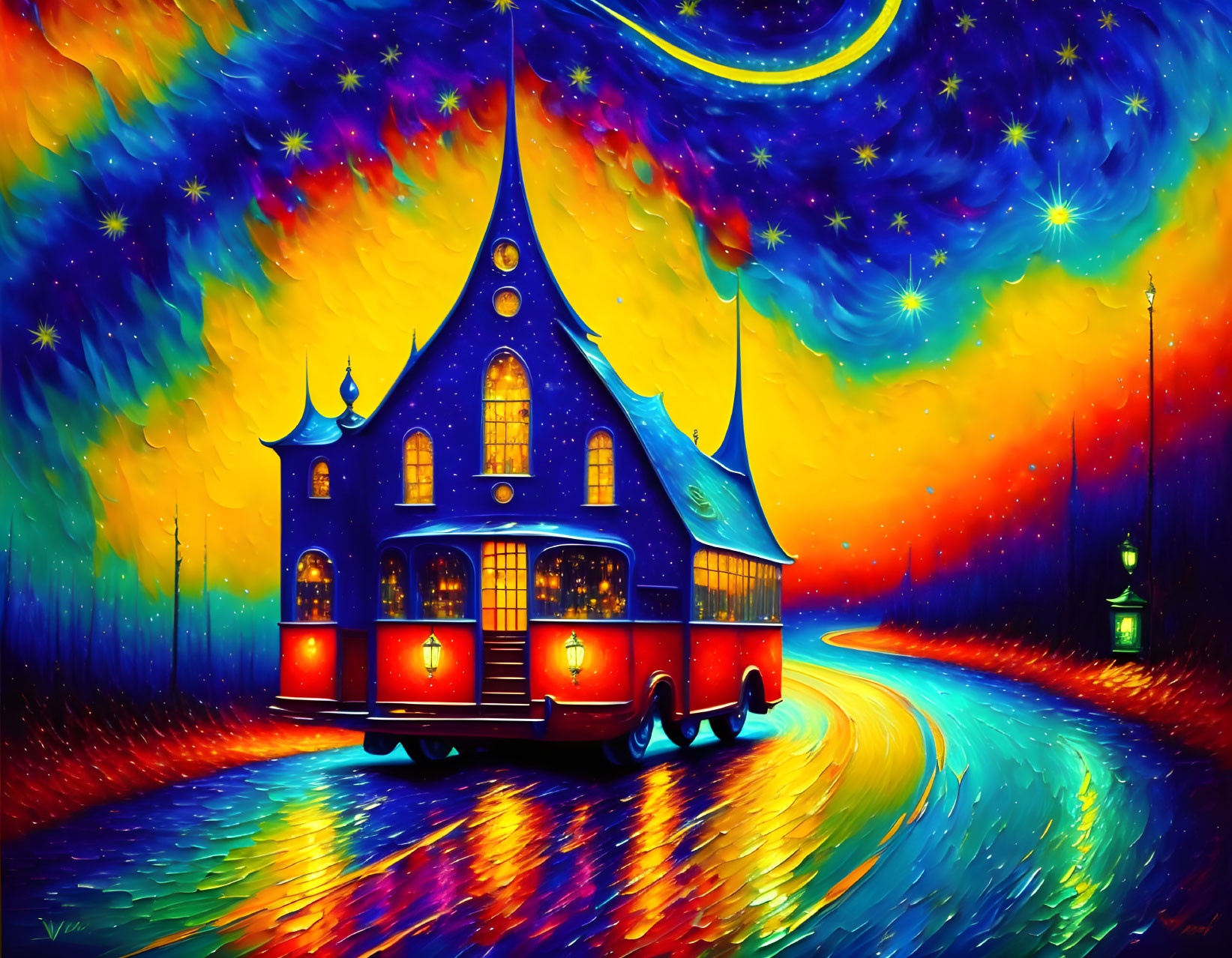 Whimsical star-lit night painting with colorful house on wheels