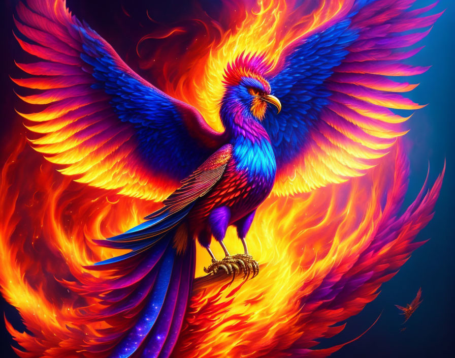 Colorful Phoenix Illustration with Fiery Wings on Dark Background