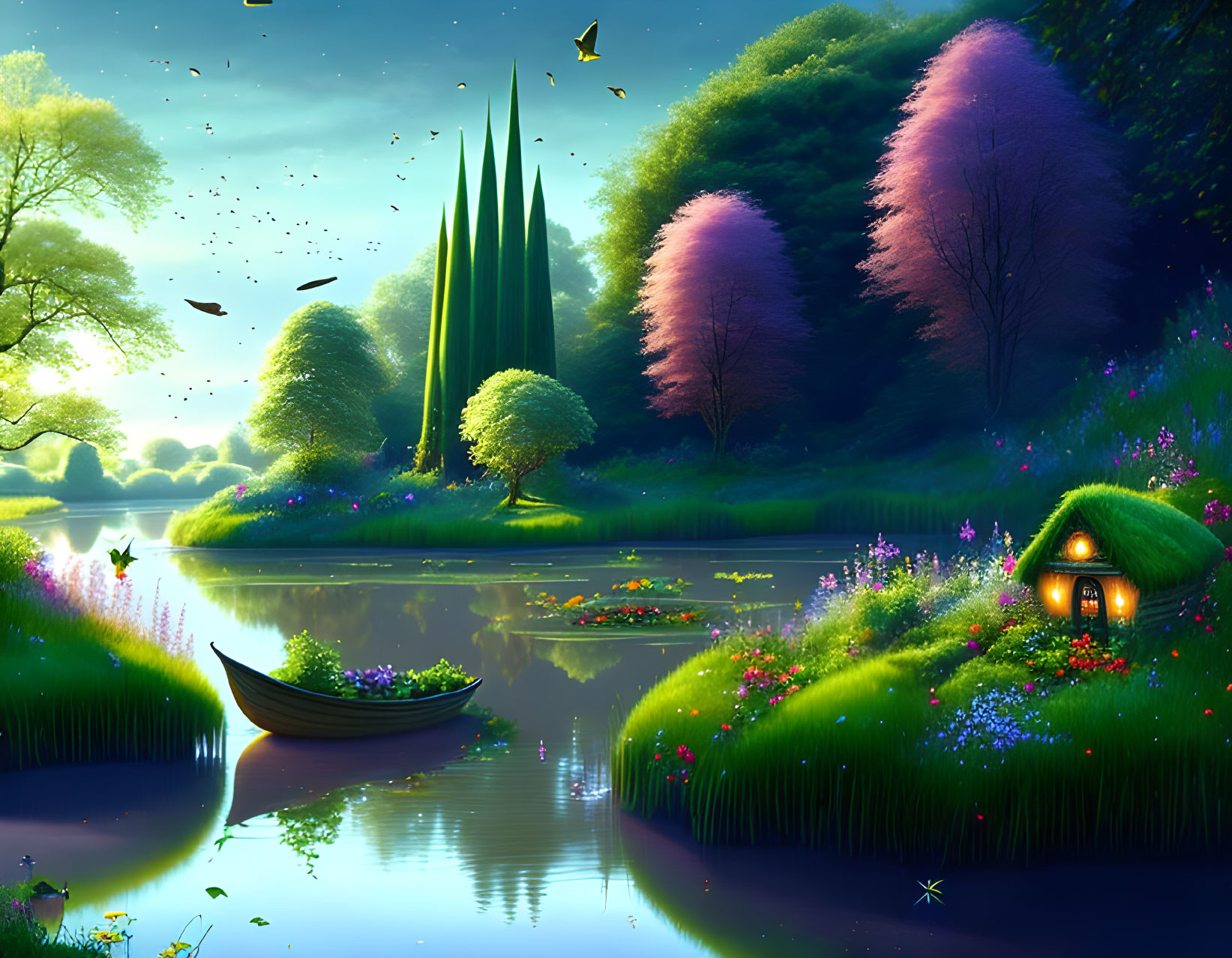 Tranquil fantasy landscape: glowing cottage, mirror-like river, lush greenery, colorful flowers,