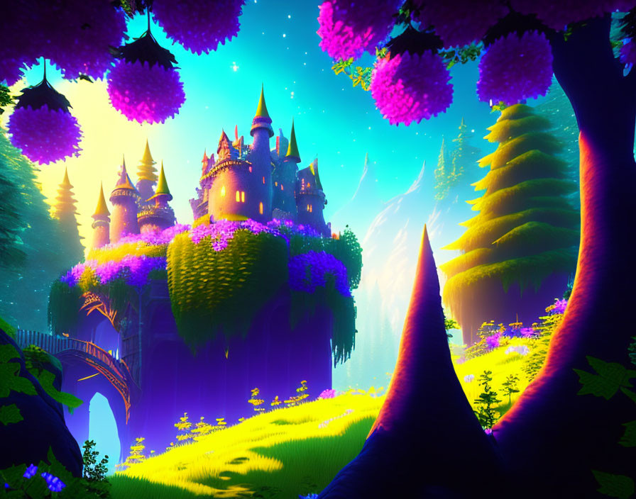 Majestic purple castle in vibrant fantasy landscape