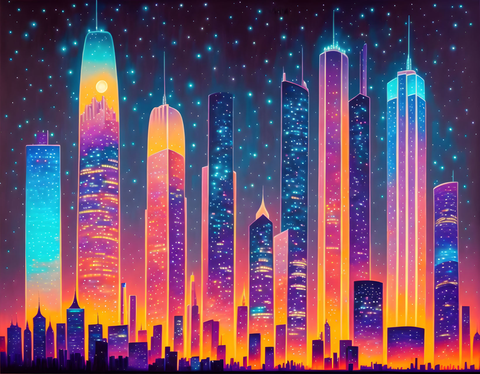 Colorful neon-lit city skyline at night with glowing skyscrapers