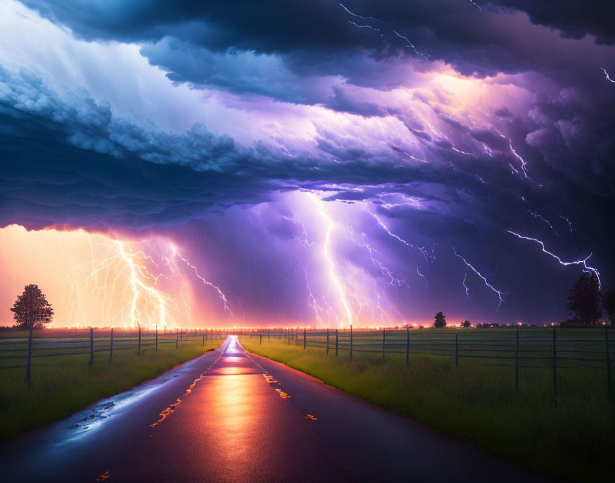 Deserted road under powerful thunderstorm with lightning strikes