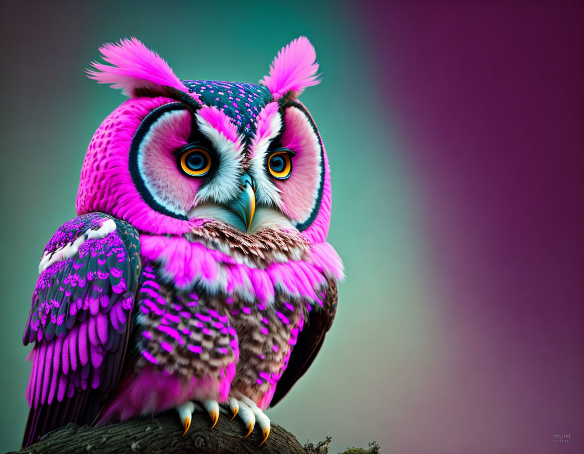 Colorful Owl Illustration with Pink and Purple Feathers