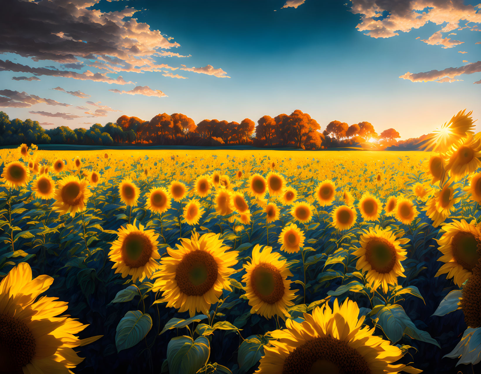 Sunflower field at sunset with sunlight through trees