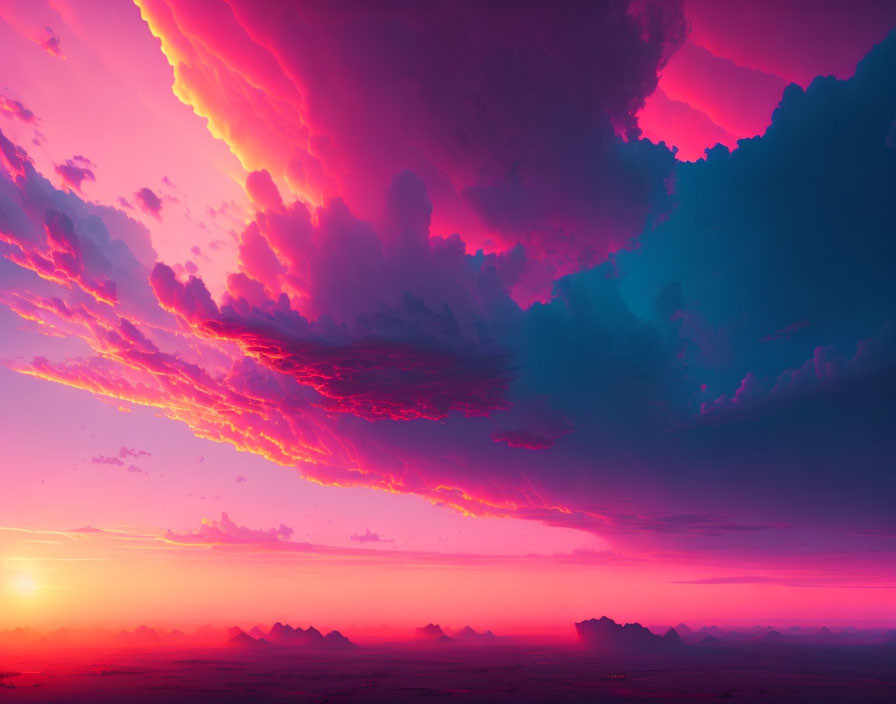 Vivid pink and purple sunset over distant mountains