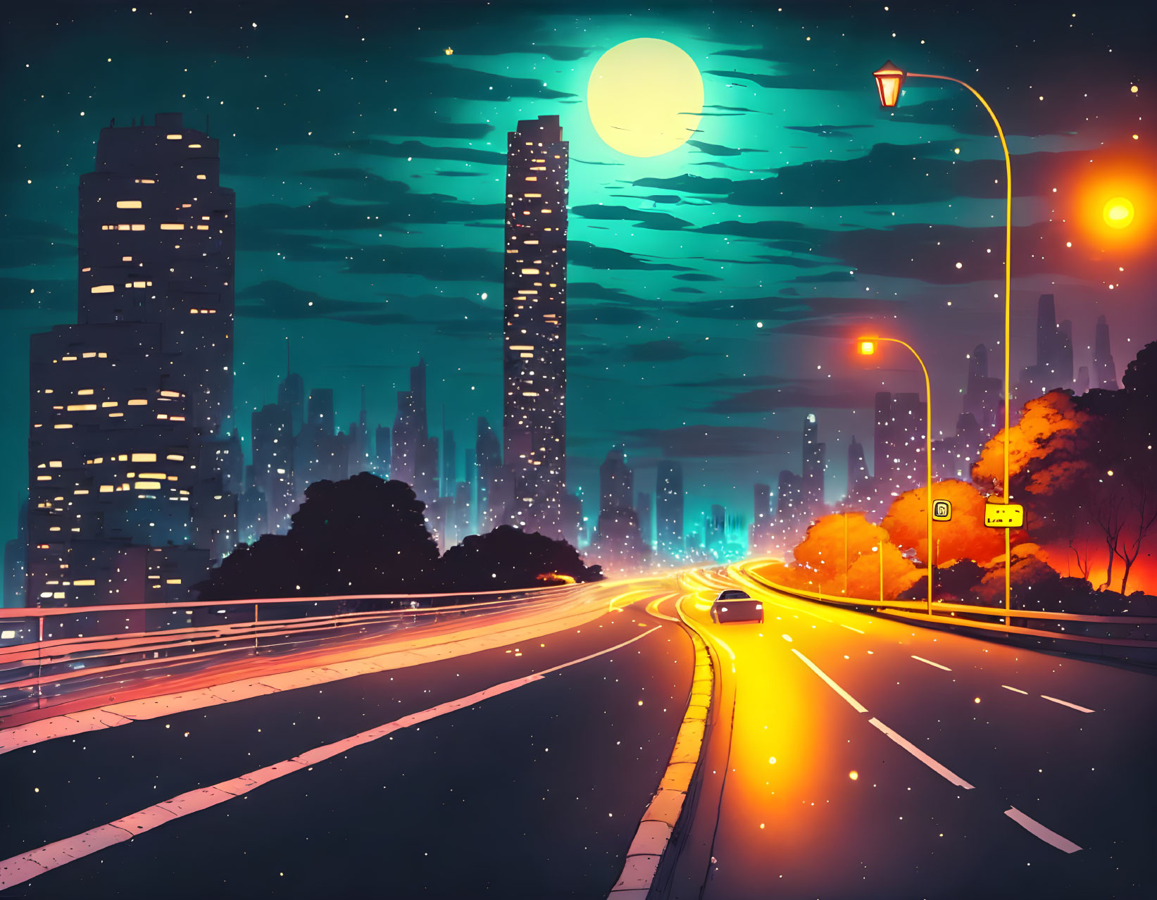 Vibrant cityscape illustration at night with moon, car, and illuminated buildings