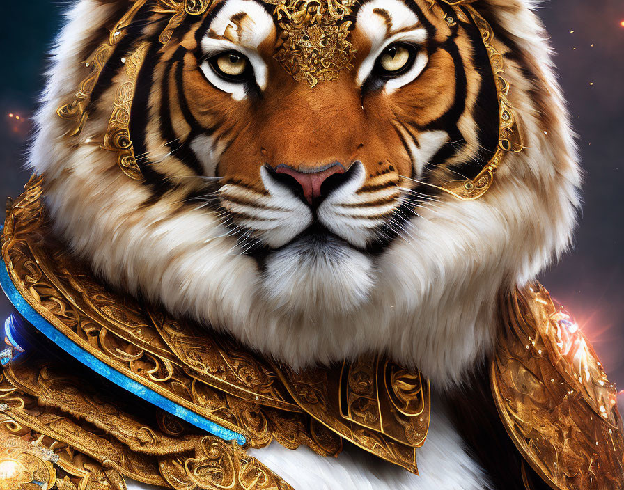 Majestic tiger in gold and blue headdress and regal armor