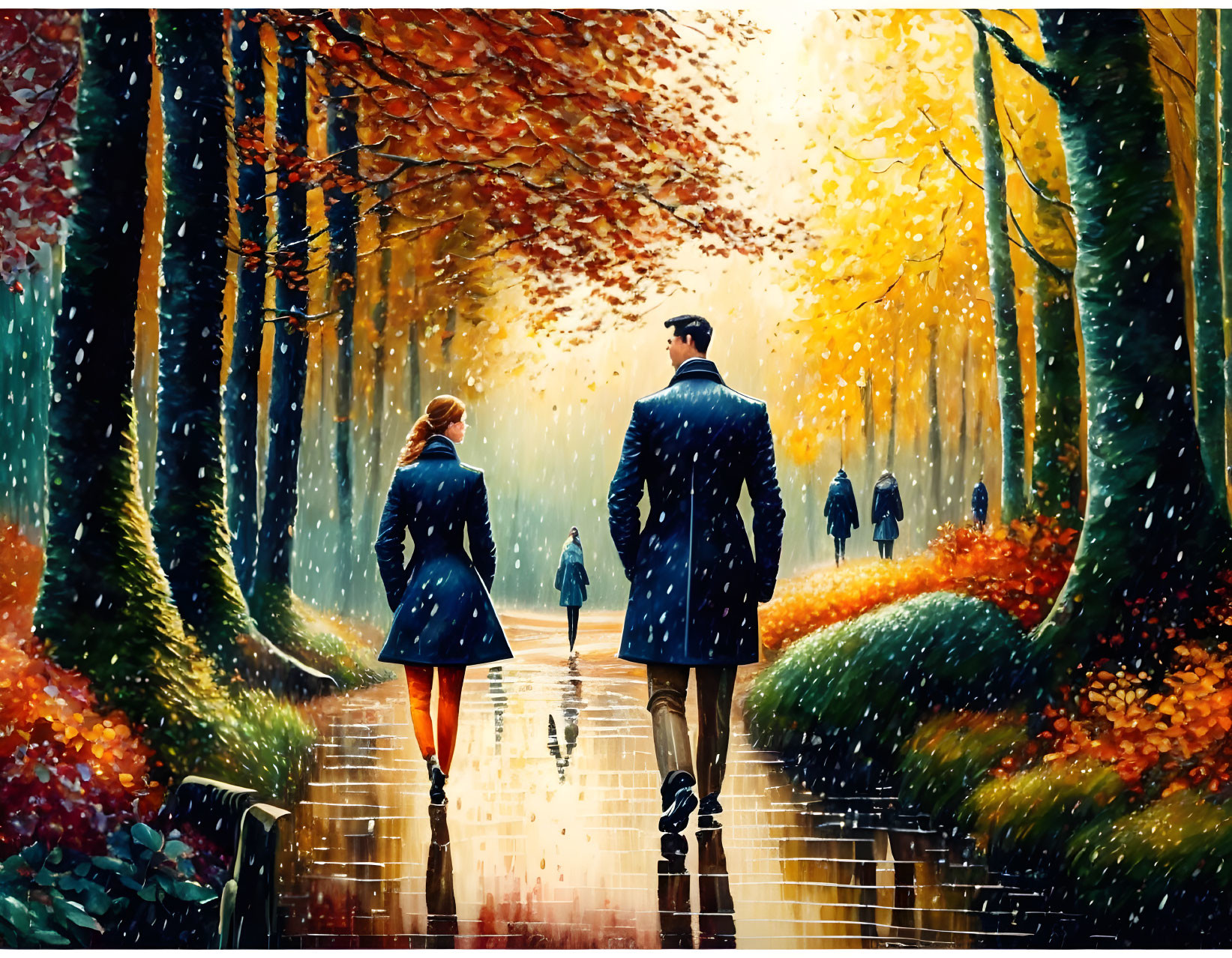 Couple walking in autumn park with falling leaves and golden light