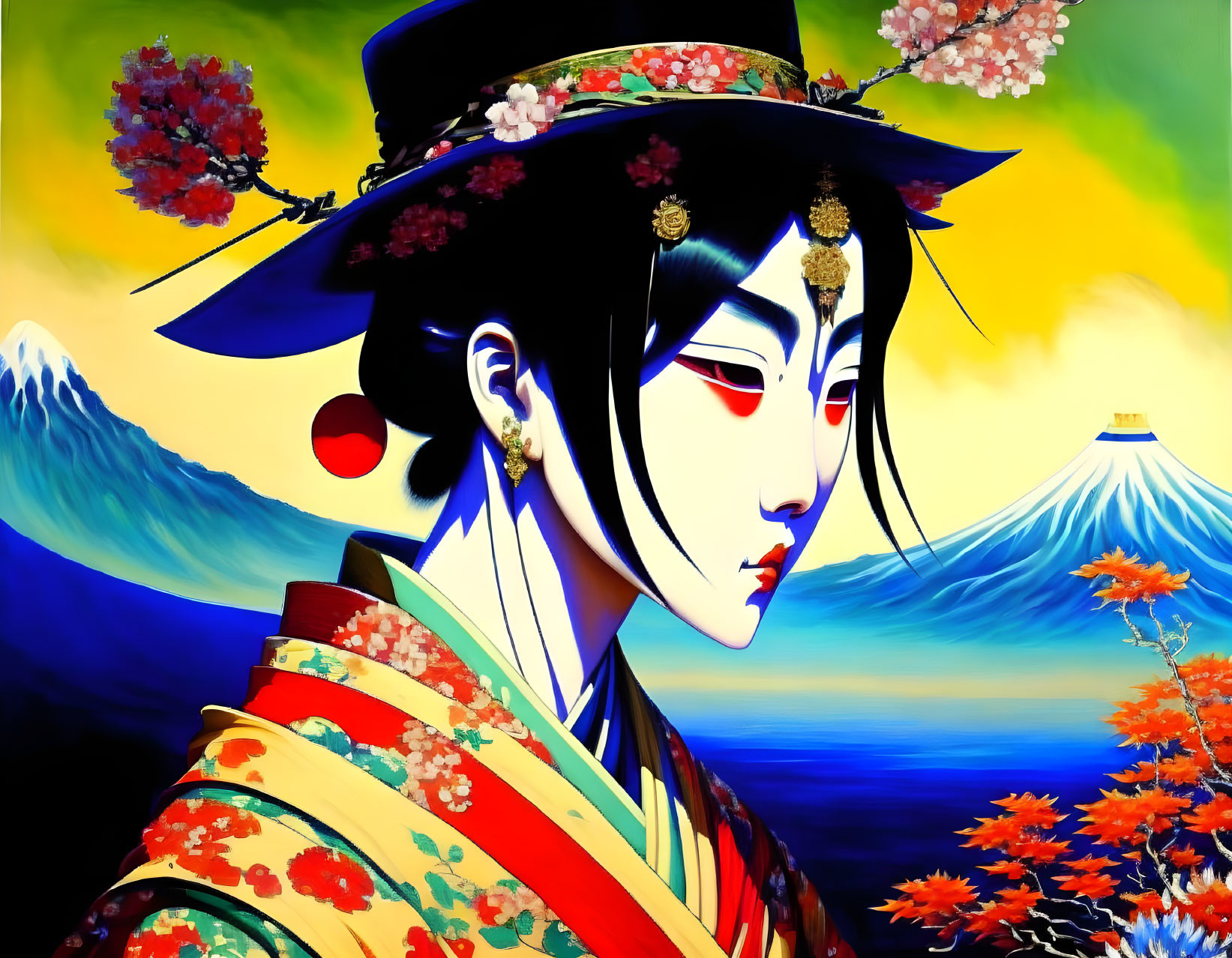 Stylized woman in traditional Japanese attire with Mount Fuji and cherry blossoms.