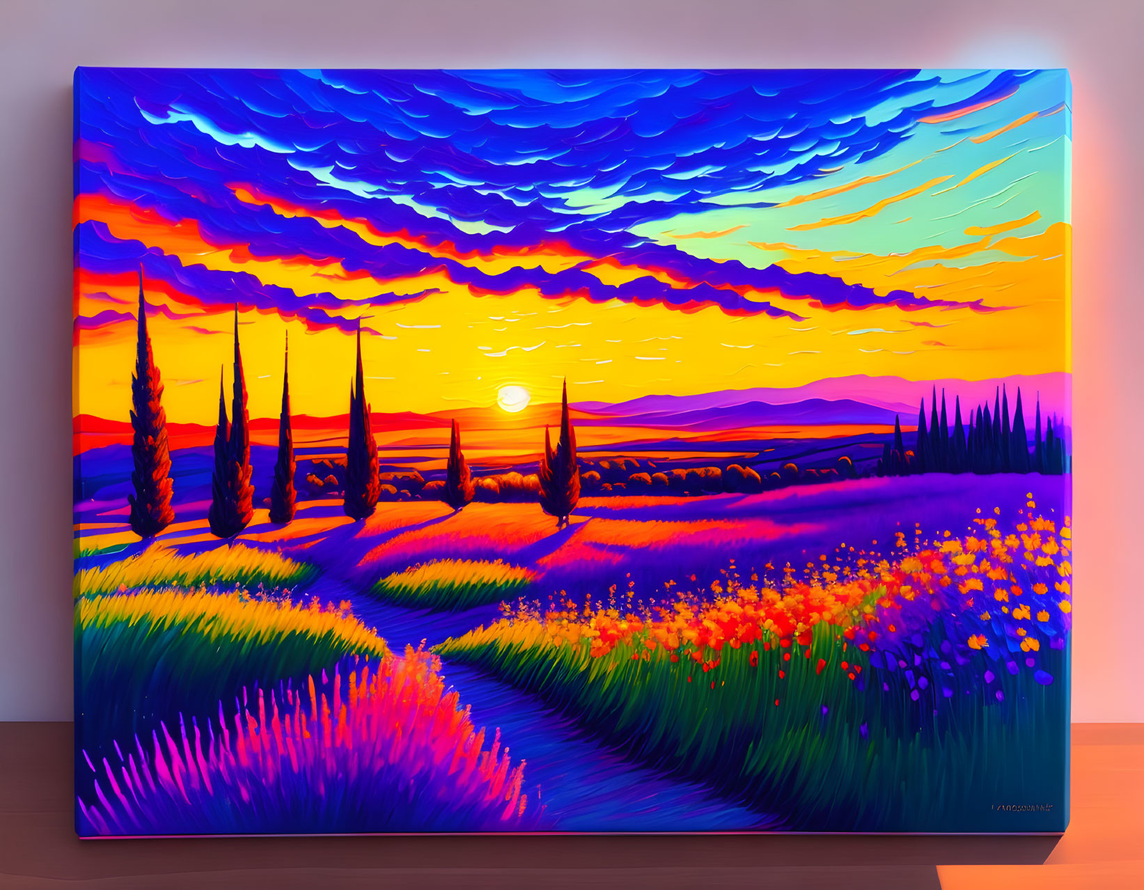 Colorful sunset painting with pathway, trees, and flowers