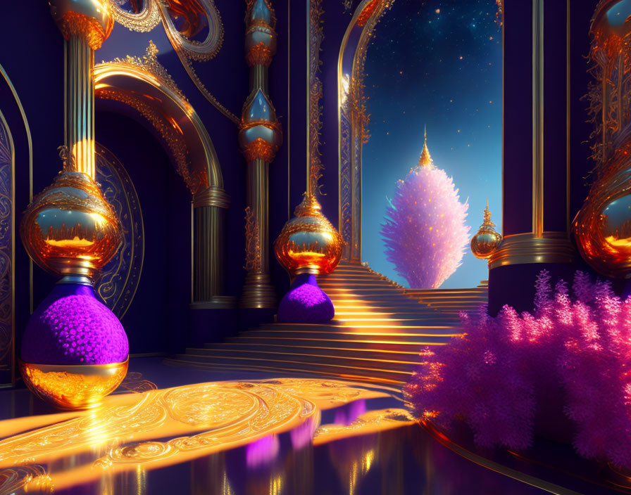 Fantasy palace interior with purple and gold colors, elegant stairs, columns, glowing trees, starry