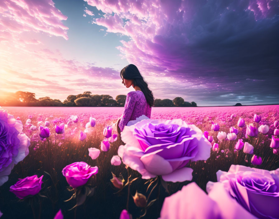 Woman in Purple Dress Surrounded by Pink Roses at Sunset