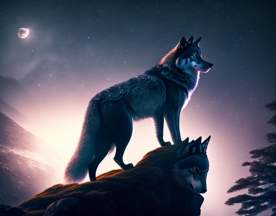 Two wolves on cliff under starry night sky with crescent moon.