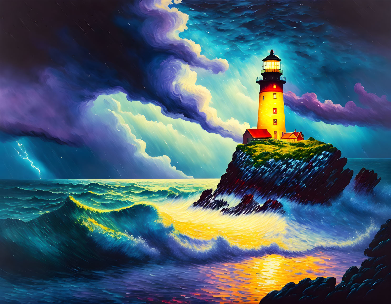 Vividly colored lighthouse on cliff with stormy sea and sky