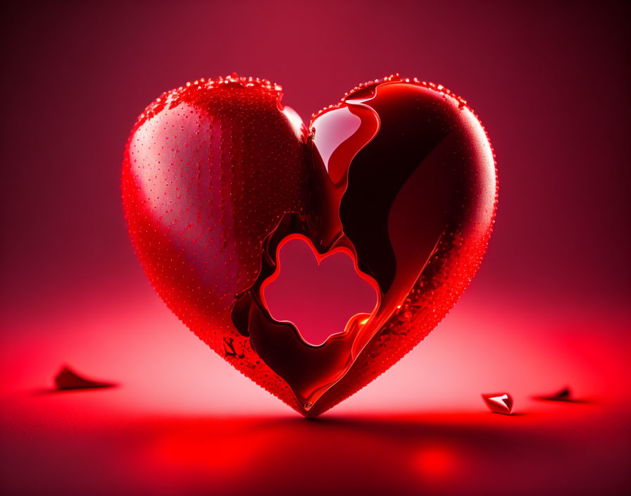 Red Heart with Jagged Break on Red Background and Fragments