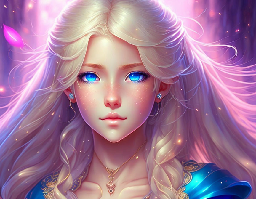 Illustrated female character with long blonde hair and blue eyes in magical pink surroundings