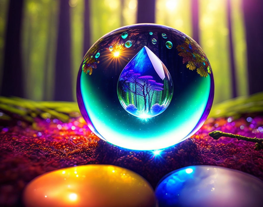 Colorful crystal ball with forest scene and smaller spheres on textured surface